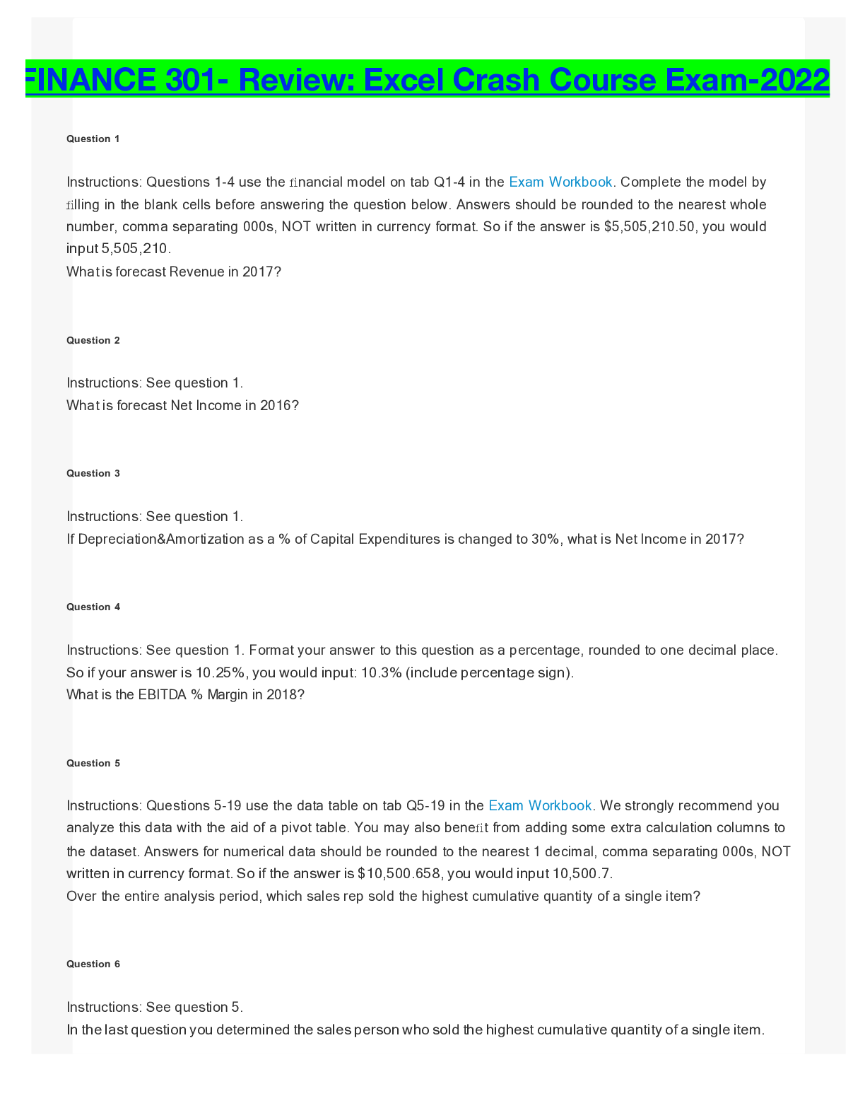 Preview of FINANCE 301- Review: Excel Crash Course Exam-2022